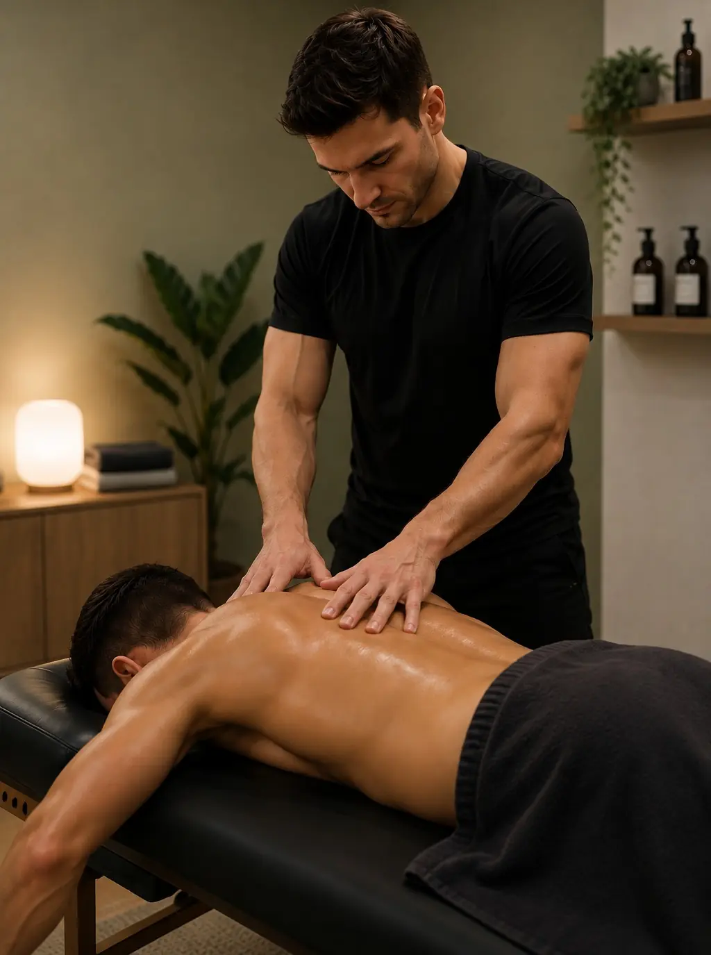 Massage therapist working on a man's back on a massage table